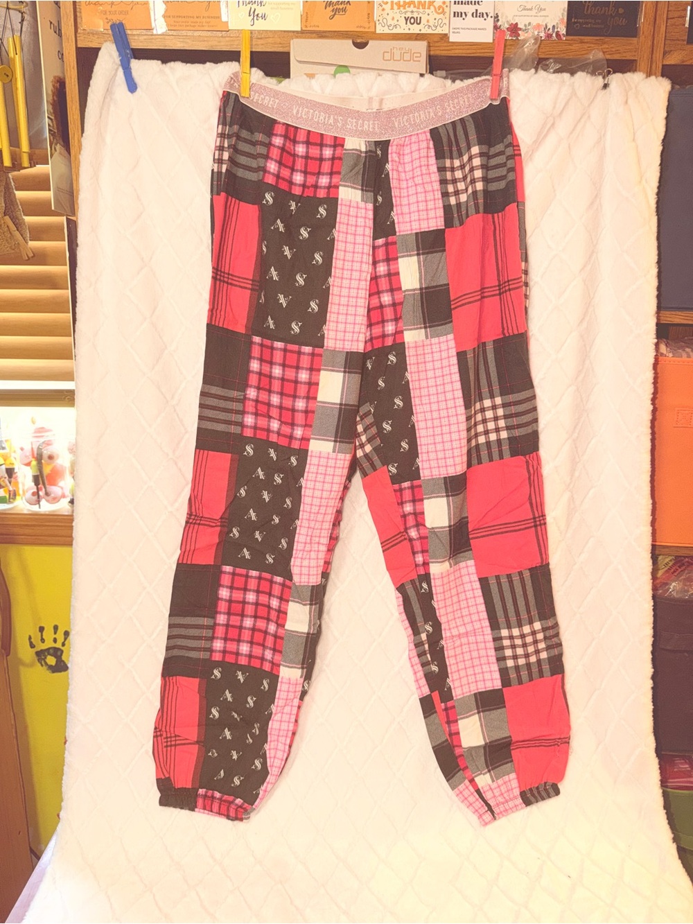 PINK Victoria's Secret Kids Patchwork Plaid Jogger Pajama Pants - Pink & Black